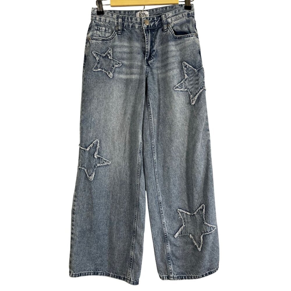 High Waist Star Denim Wide Leg Jeans Blue 24" Wide Leg Fray Y2K Skater Grunge